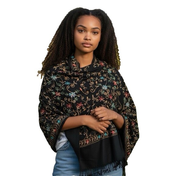 Cashmere Pashmina Floral Jeweled Embroidered Shawl Wrap Made in India 30"x72" - Picture 6 of 9